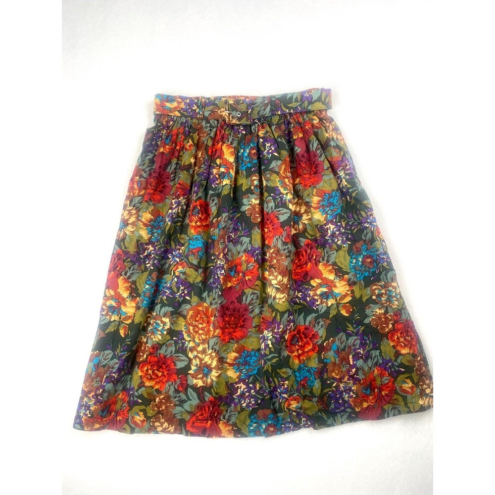 Vintage Womens Floral Midi 80s 90s Rayon Belted Skirt Size Medium Made in USA